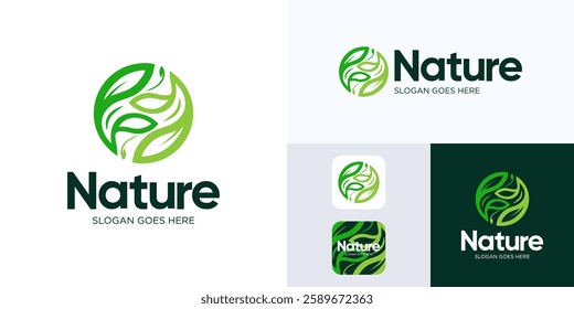 Green Nature leaves logo, Green plant or gardening logo design, Sprout leaf logotype, Agriculture vector logo concept, Ecology of environmental protection, organic icon logo, Nature farm, Letter F