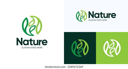 Green Nature leaves logo, Green plant or gardening logo design, Sprout leaf logotype, Agriculture vector logo concept, Ecology of environmental protection, organic icon logo, Nature farm