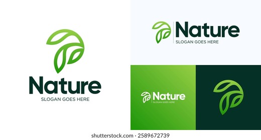 Green Nature leaves logo, Green plant or gardening logo design, Sprout leaf logotype, Agriculture vector logo concept, Ecology of environmental protection, organic icon logo, Nature farm, Letter P