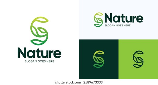 Green Nature leaves logo, Green plant or gardening logo design, Sprout leaf logotype, Letter S agriculture vector logo concept, Ecology of environmental protection, organic icon logo, Nature farm