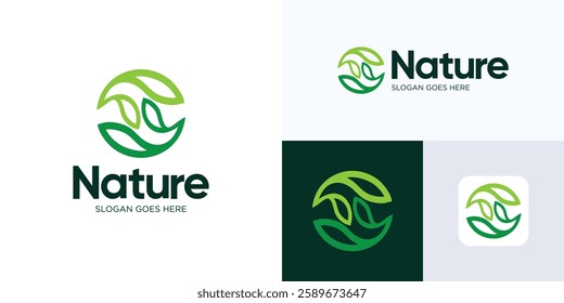 Green Nature leaves logo, Green plant or gardening logo design, Sprout leaf logotype, Agriculture vector logo concept, Ecology of environmental protection, organic icon logo, Letter S nature farm