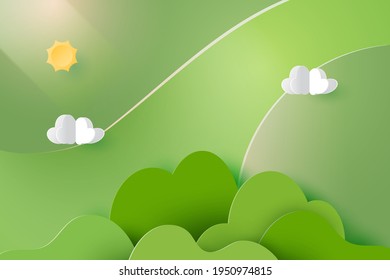 Green nature paper art abstract background.Minimal landscape scenery.Vector illustration.