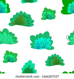 Green nature seamless pattern with abstract trees and bushes. Hand drawn images on white. Vector illustration.