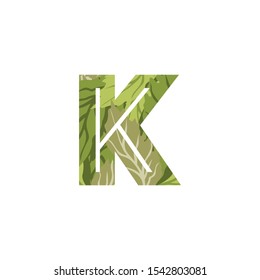 Green Nature Tropical Letter K logo.  Vector design concept tropical green leaves and letter K.