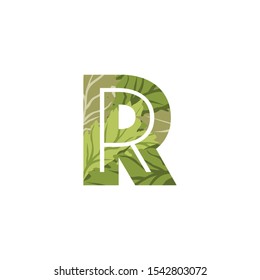 Green Nature Tropical Letter R logo.  Vector design concept tropical green leaves and letter R.