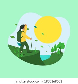 Green nature vector illustration of young woman exploring the hill in sunny day