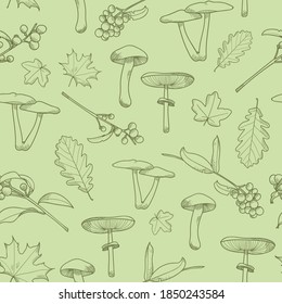 Green nature vector pattern. Autumn pattern. Berries, leaves, mushrooms, hand drawn pattern. Woods pattern background.
