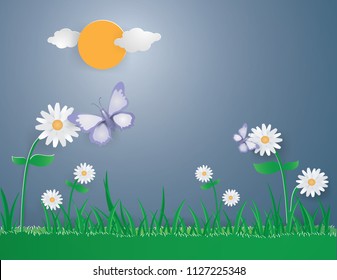 Green Nature View background with Purple Butterfly on White Flower in the garden, Illustration paper craft style.
