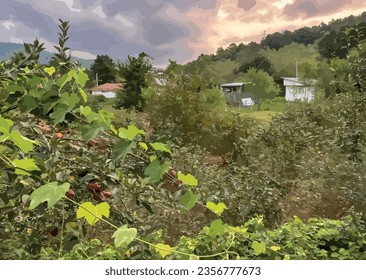 green nature and village scenery in autumn.