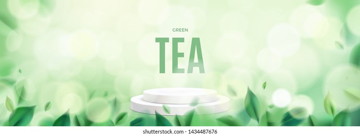 Green nature wide abstract background with tea leaves and pedestal vector illustration