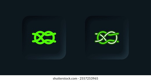 Green Nautical rope knots icon isolated on black background. Rope tied in a knot. Black square button. Vector