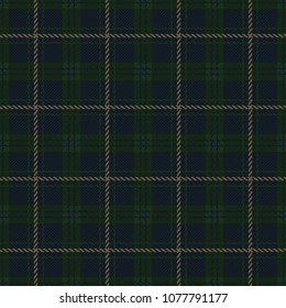 Green and Navy Blue Check Flannel Plaid Seamless Pattern - Dark green base colors with navy blue details and tan lines running throughout seamless pattern