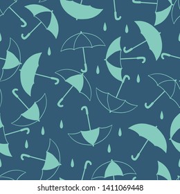 Green and Navy Umbrellas Vector Outline and Silhouette Background Seamless Pattern