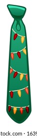 Green necktie with garland pattern isolated illustration. White background, vector.