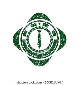 Green necktie icon inside distressed rubber stamp with grunge texture