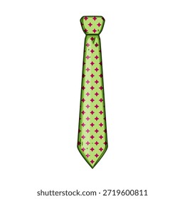 Green necktie with a repeating star and diamond pattern, representing fashion, business attire, and professional dressing in an illustrative cartoon style