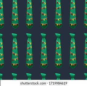 Green neckties with garland print seamless pattern. Decoration for greeting card, wrapper and textile. Blue background, vector.