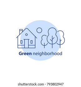 Green neighborhood concept, real estate development, summer house residential building with garden trees or forest, suburban cottage, vector line icon