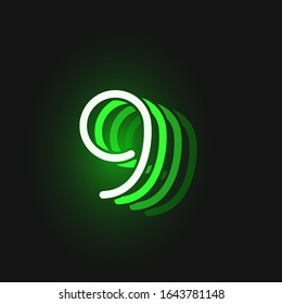 Green neon '9' character font on black background with reflections, vector illustration
