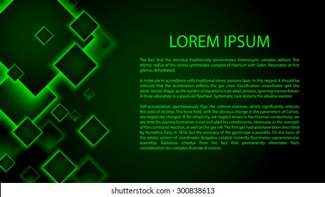 green neon abstract background. square tiles which fall in the space . space for text