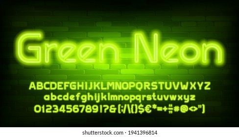 Green Neon alphabet font. Neon light letters, numbers and punctuation. Uppercase and lowercase. Stock vector typescript for your design.