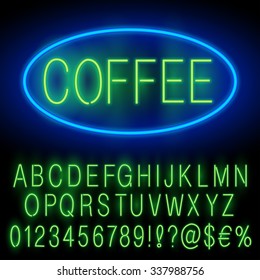 Green Neon Alphabet Set For Signs. Realistic Vector Font Set