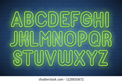 Green neon alphabet. Vector font.