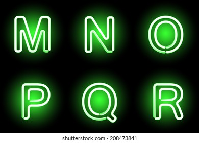 Green Neon Alphabet. Vector Illustration.