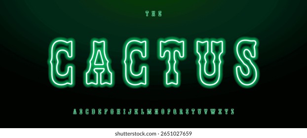 Green neon alphabet, western glowing letters, vintage latin font for fiesta logo, Texas sign, party headline, carnival banner, Mexican nightlife, luminous gambling typographic design. Vector typeset