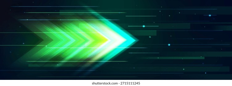 Seta de néon verde impulso com efeitos de velocidade de luz brilhante no fundo abstrato escuro. Formas geométricas luminosas e linhas horizontais em atmosfera dinâmica de movimento tecnológico para visuais de inovação digital.