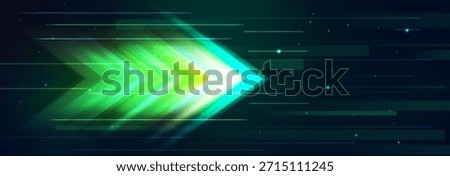 Green neon arrow boost with glowing light speed effects on dark abstract background. Luminous geometric shapes and horizontal lines in dynamic tech motion atmosphere for digital innovation visuals.
