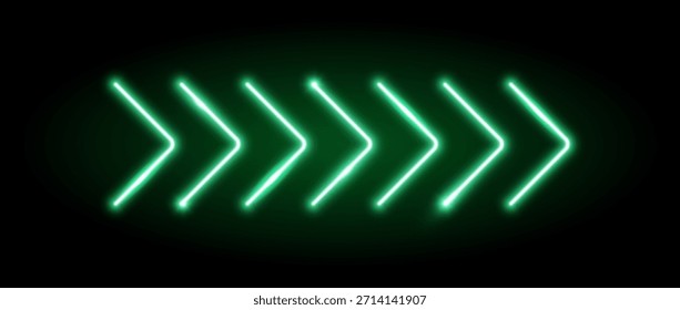Elemento de flecha de neón verde. Señal de dirección led brillante verde. Lámparas de tubo de brillo en forma de punta de flecha. Efecto fluorescente luminoso brillante del puntero para el Anuncio, cartel, logotipo. Ilustración de luz led de neón de Vector