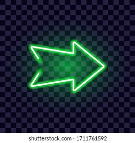 Green neon arrow luminous indicator neon tube showing right direction to right side glowing vector icon on transparent background