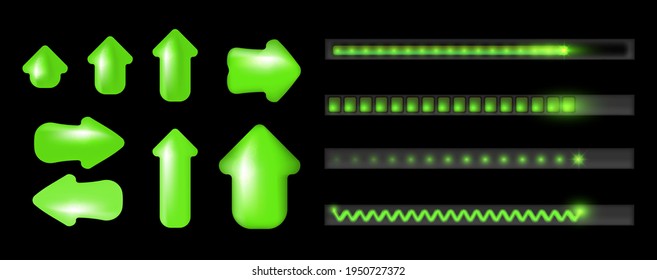 Green Neon Arrows and Loading Bars. Download progress illustration, loading bar icons. Game interface vector elements