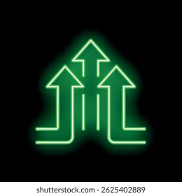 Green neon arrows are pointing upwards on a black background, symbolizing growth, success, and achievement