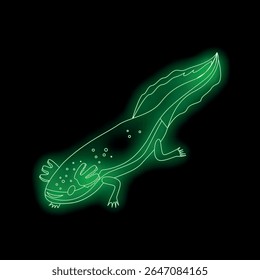 O neon axolotl verde está nadando debaixo d'água na escuridão total