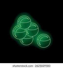 Green neon balls are glowing on this black background