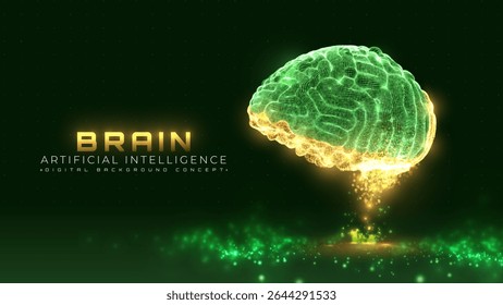 Green neon brain wireframe with gold particle core. Deep learning and analysis of artificial intelligence. Future technology background. Science and health scene design concept.