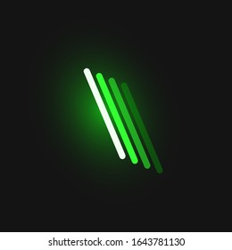 Green neon '\' character font on black background with reflections, vector illustration
