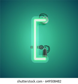 Green neon character from a font set on green background, vector illustration