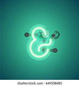 Green neon character from a font set on green background, vector illustration