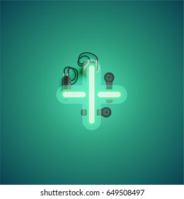 Green neon character from a font set on green background, vector illustration