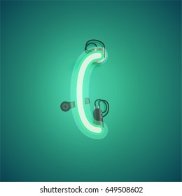 Green neon character from a font set on green background, vector illustration