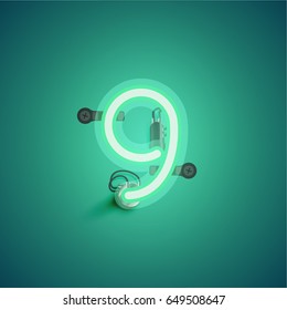 Green neon character from a font set on green background, vector illustration