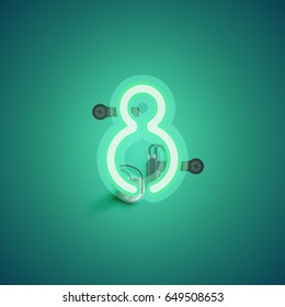 Green neon character from a font set on green background, vector illustration