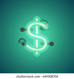 Green neon character from a font set on green background, vector illustration