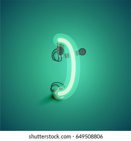 Green neon character from a font set on green background, vector illustration