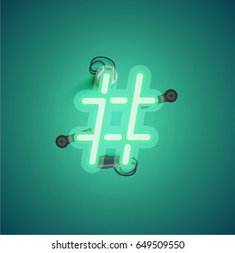Green neon character from a font set on green background, vector illustration