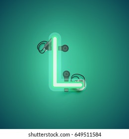 Green neon character from a font set on green background, vector illustration