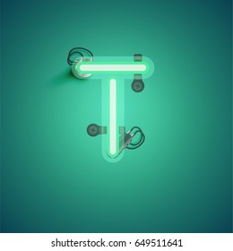 Green neon character from a font set on green background, vector illustration